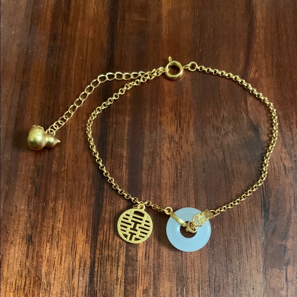 Gold tone 925 silver bracelet with white jade